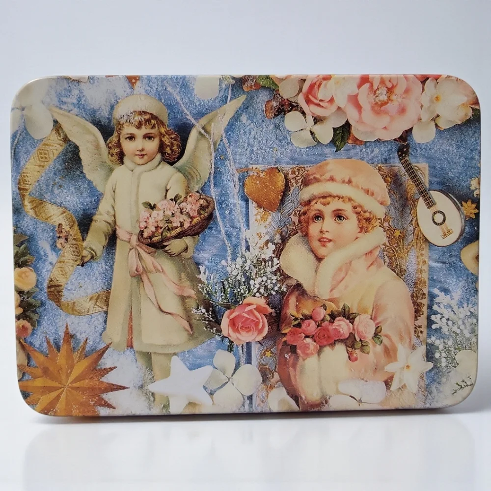 Vtg Winter Rose Metal Tin Box Container Angels Cherubs Mandolin Christmas